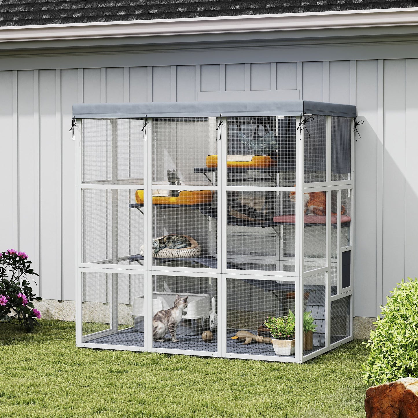 US Local Large Outdoor Catio Cat Enclosure With Hammock, Condo,Platforms, Ladders, Ramps, Tarp, For 2-4 Large Cats, Gray