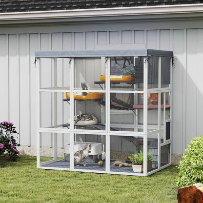 US Local Large Outdoor Catio Cat Enclosure With Hammock, Condo,Platforms, Ladders, Ramps, Tarp, For 2-4 Large Cats, Gray