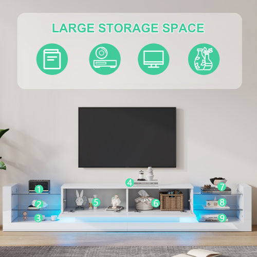 UK Local Open Glass Storage TV Stand With LED Lights For TV Cabinets Up To 75 Inches High Gloss Panel, Modern Minimalist Style Media Entertainment Center Console Cabinet Table With 2 Closed Sliding Door, White