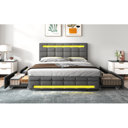 UK Local 4ft6 Double Upholstered Bed With LED Lighting And Storage Drawers, Linen Fabric Storage Bed Frame With Adjustable Button Tufted Headboard, No Box Spring Needed, Easy Assembly, Grey