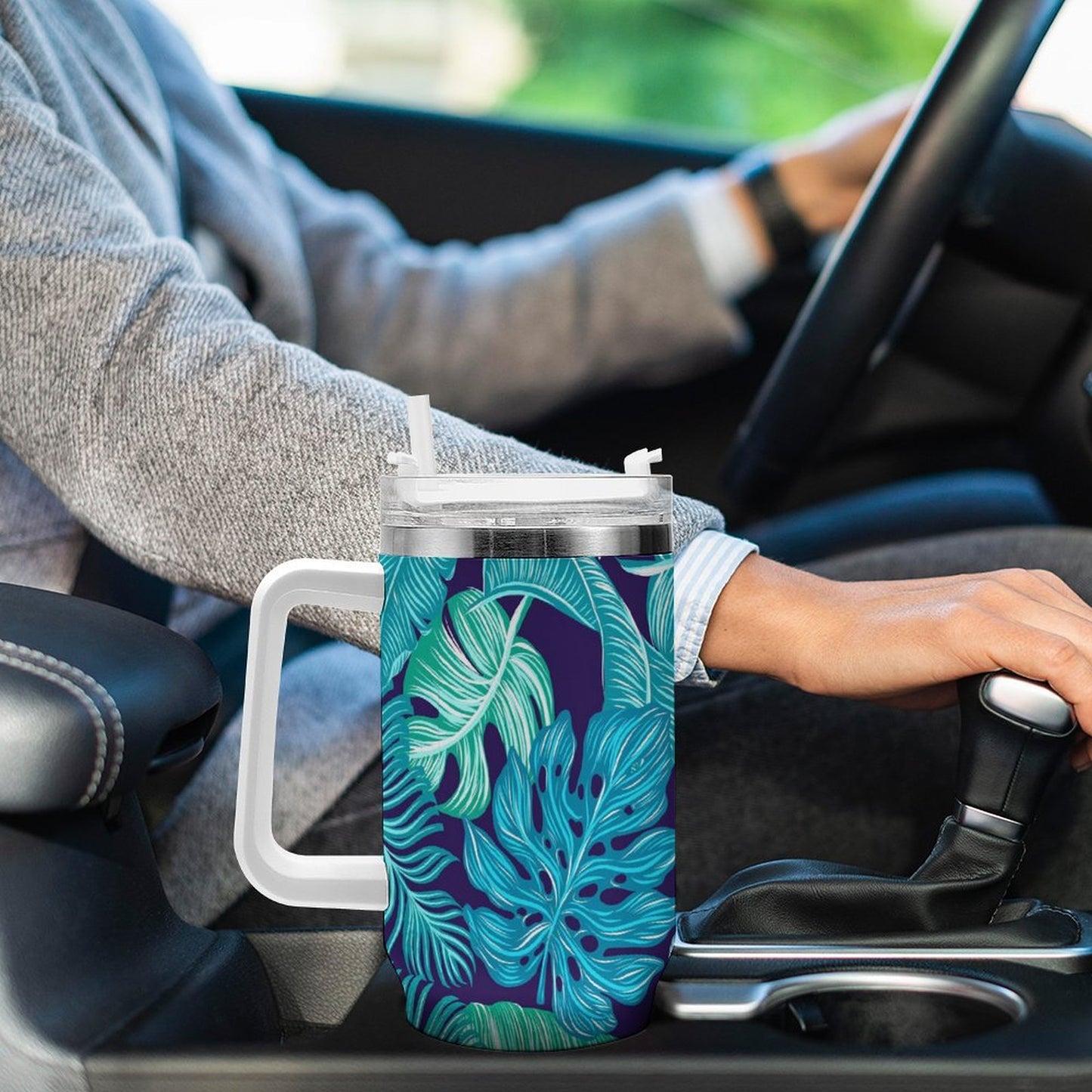 PHDT00465 POD US Local Tumbler 40 oz Large Capacity Car Cup Tropical, Leaves, Peacock Blue