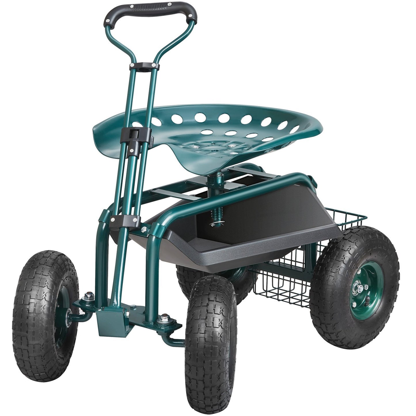 US Local VEVOR Garden Cart Rolling Workseat With Wheels, Gardening Stool For Planting, 360 Degree Swivel Seat, Wagon Scooter With Steering Handle & Utility Tool Tray, Use For Patio, Yard, And Outdoors, Green