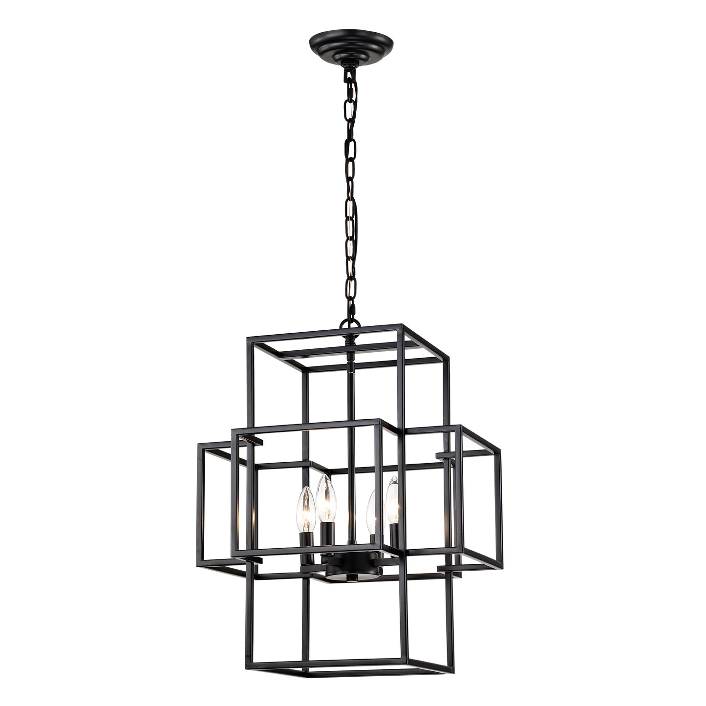 US Local 4-Light Metal Lantern Tiered Pendant Hanging Light Fixtures, Industrial Farmhouse Adjustable Height Chandeliers For Dining Room Hallway Foyer Entryway--Matte Black