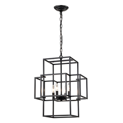 US Local 4-Light Metal Lantern Tiered Pendant Hanging Light Fixtures, Industrial Farmhouse Adjustable Height Chandeliers For Dining Room Hallway Foyer Entryway--Matte Black