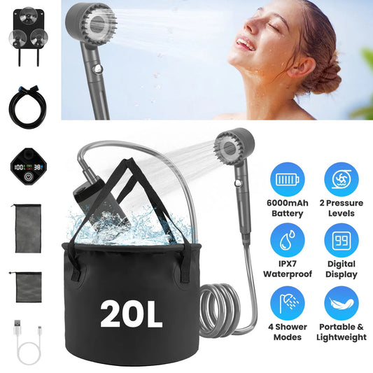 US Local Portable Shower For Camping Include IPX7 Waterproof 6000mAh Rechargeable Shower Filtered Shower Head 5.3Gallon Foldable Bucket For Hiking Beach Travel Car Pet GPCT5370