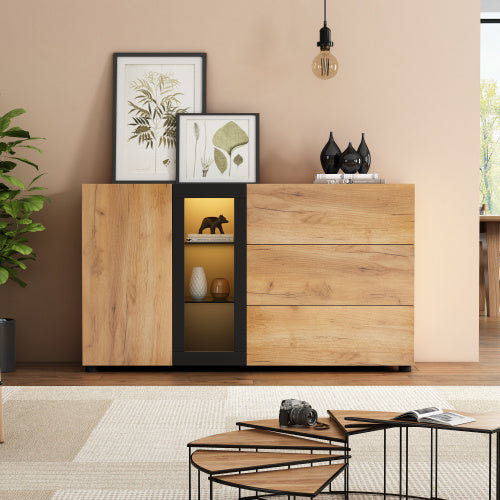 UK Local Modern Sideboard, Side Cabinet, Buffet Cabinet, Sideboard With 3 Drawers, Accent Console Table Storage Cabinet With Glass For Living Room, 140x40x80CM