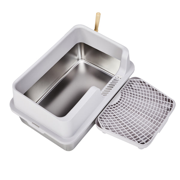 US Local 61x40x33CM, Litter Box, Stainless Steel And Plastic, Upper And Lower Snap Type, With Litter Spatula, Foot Pad - Grey