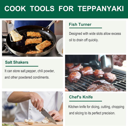 US Local Grilljoy Griddle Accessories Set With Robust Plastic Handle, All-in-One Griddle Tools Kit For Flat Top Grills Teppanyaki Hibachi, Stainless Steel Grill Spatula Kit For Outdoor Camping Grilling