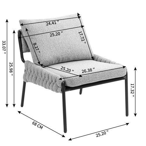 US Local Modern Accent Lounge Chair With Braided Upholstery And Metal Frame, Comfortable Armchair For Living Room Or Bedroom, Soft Cushioned Seat And Backrest, Set Of 1