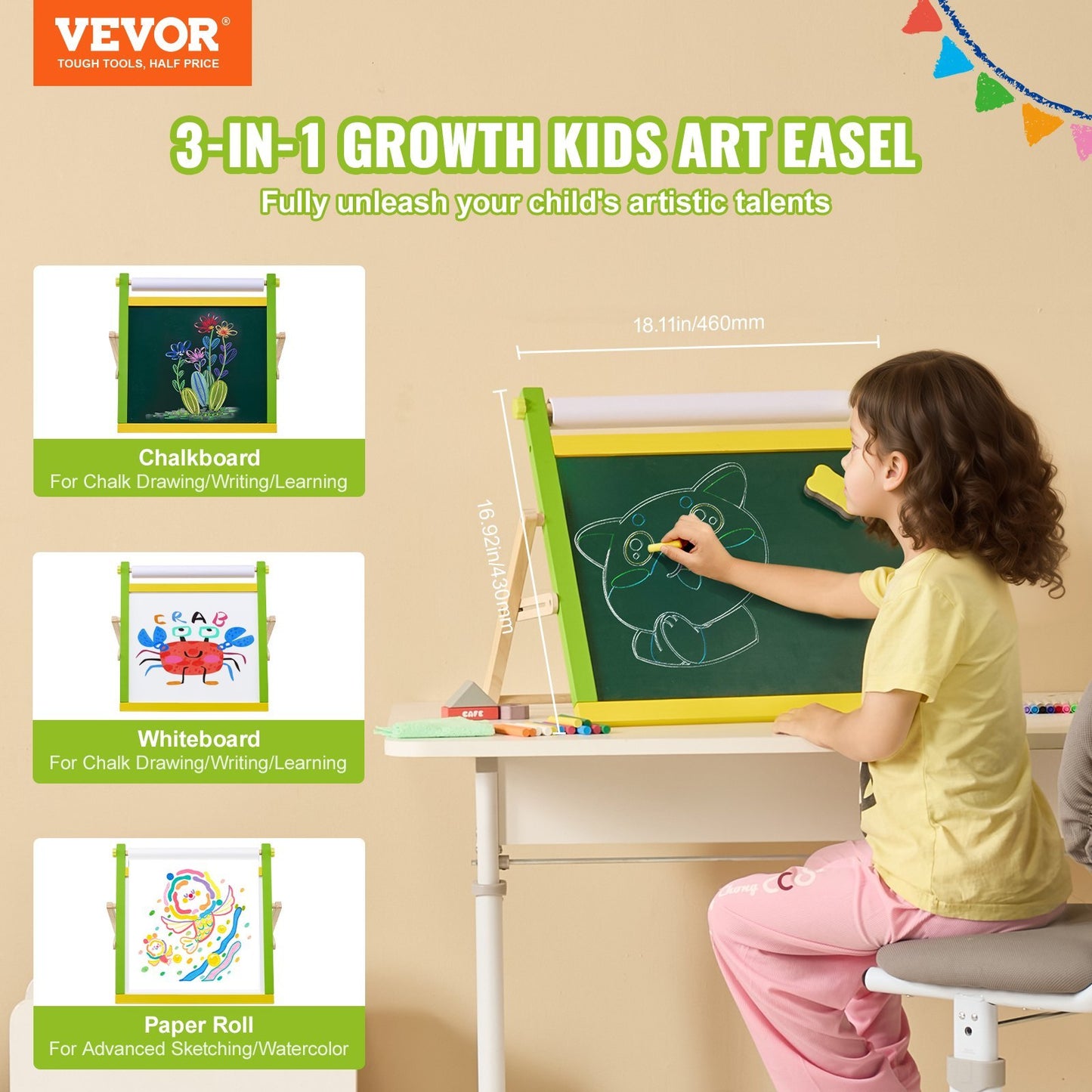 US Local Christmas Gift VEVOR 3-in-1 Tabletop Kids Art Easel Double-Sided Magnetic Whiteboard Chalkboard
