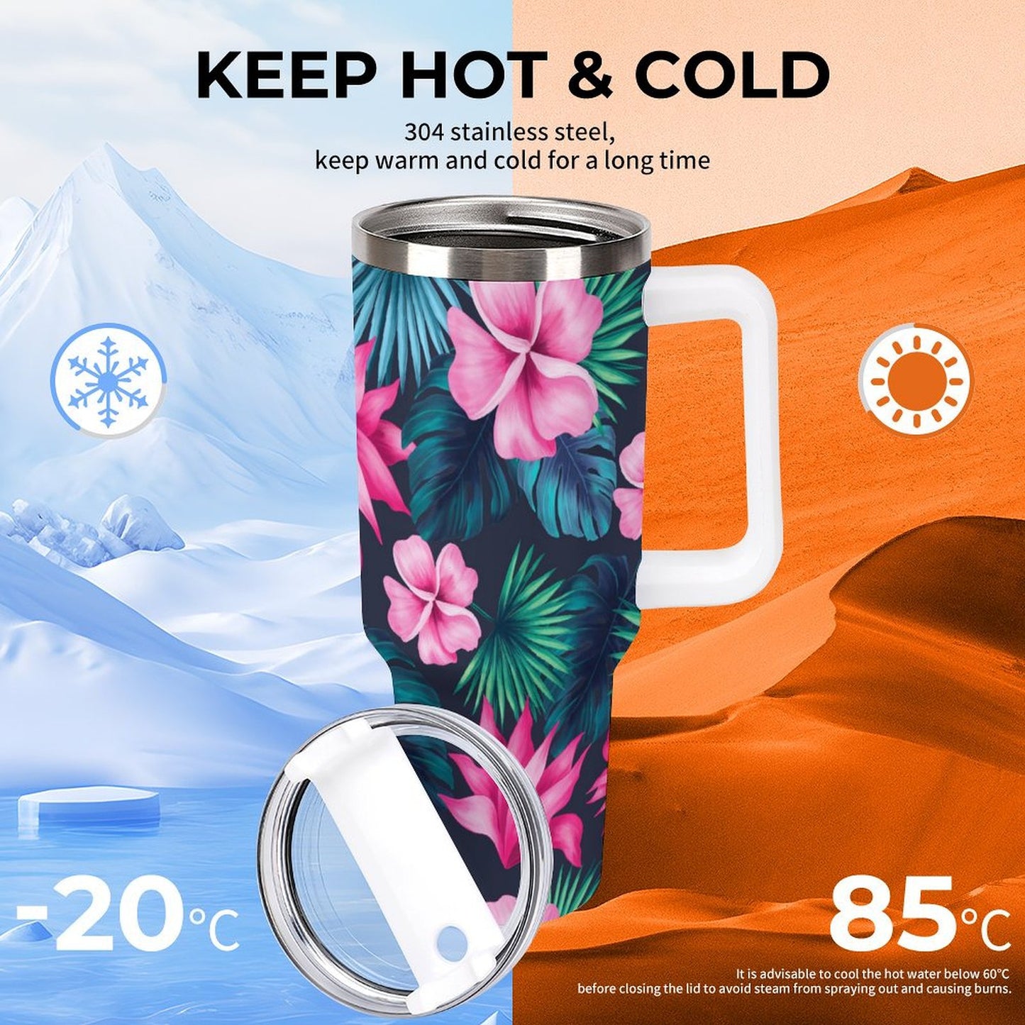 PHDT00035 POD US Local Tumbler 40 oz Large Capacity Car Cup Pink, Petals, Monstera Leaves