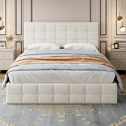 UK Local 4ft6 Double Upholstered Storage Bed Frame, Velvet Ottoman Bed With Hydraulic Storage, Double Bed With Adjustable Button Tufted Headboard, Metal-Wood Support, No Mattress, Beige