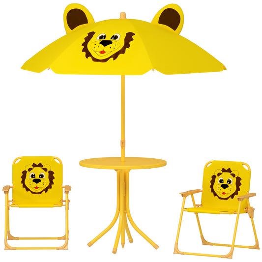 US Local Kids Picnic Table And Chair Set, Outdoor Activity Table With Foldable Chairs, Height Adjustable Umbrella, Yellow