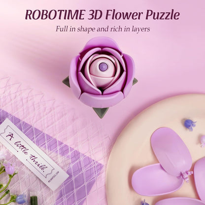 US Local ROBOTIME Flower 3D Puzzle Model Kits Puzzles For Adults To Build Artificial Flowers For Home Bedroom Living Room Decor, Gifts For Women Valentine, Purple Rose