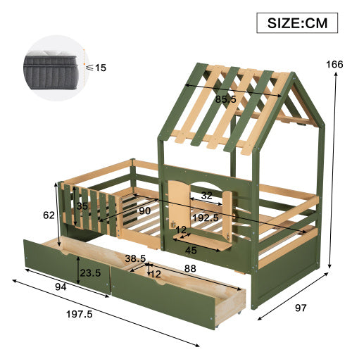 UK Local Wooden Bed, Children S Bed, 3ft Single Bed 90x190cm, MDF  Pinewood  Plywood, Two Storage Drawers,  Roof Shape With A Window, Green  Natural