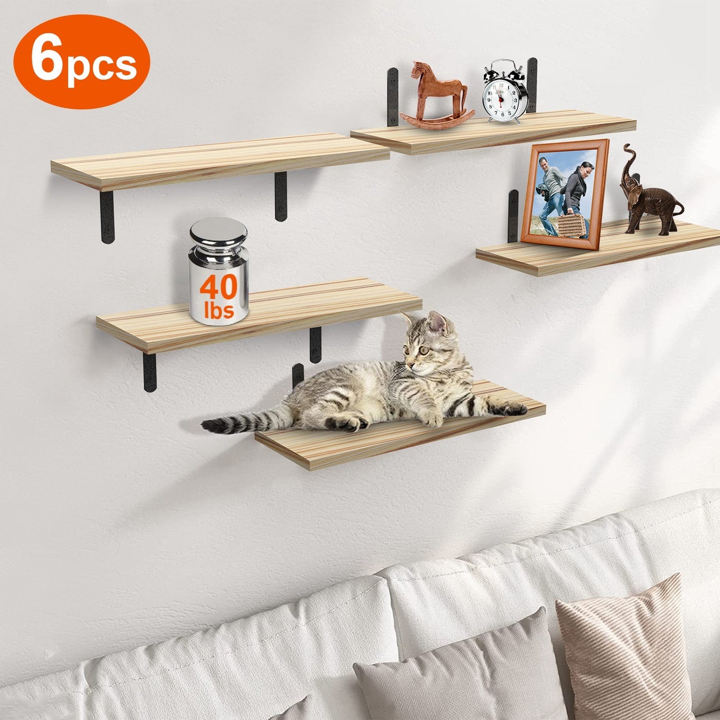 US Local 6 Sets Floating Shelves 15.74x5.74Inch Wall Mounted Shelves Wood Storage Shelves Metal Bracket Hanging Display Shelf Wall Organizer For Living Room Bathroom Kitchen Decor