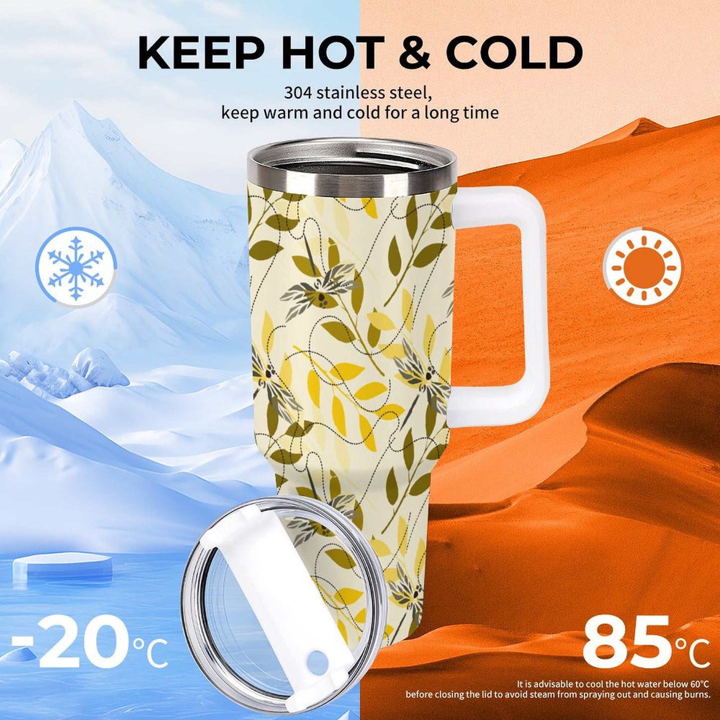 PHDT00190 POD US Local Tumbler 40 oz Large Capacity Car Cup Dragonflies, Prints, Leaves