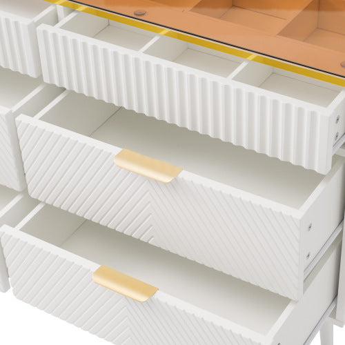 UK Local Sideboard Cabinet Dresser With 6 Drawers,Amber Glass Chest Of Drawers, Compartmentalised Storage,Anti-tip,Dressing Table For Living Room, Hallway, Bedroom, And Children's Room, 120 X 40 X 76 Cm, White