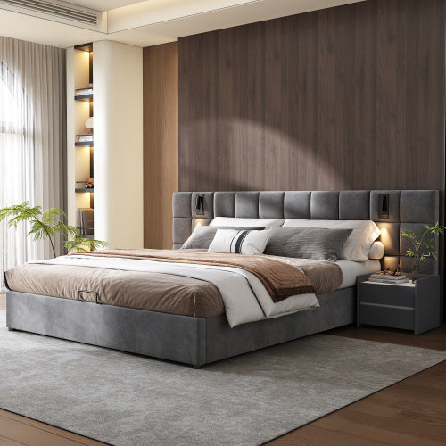 UK Local Upholstered Bed, Double Bed-4ft6 135x190cm, Hydraulic Storage Bed With Directional Lamp And USB Charging, Wide Headboard, Checkerboard Pattern, Without Bedside Tables And Mattress, Velvet, Grey