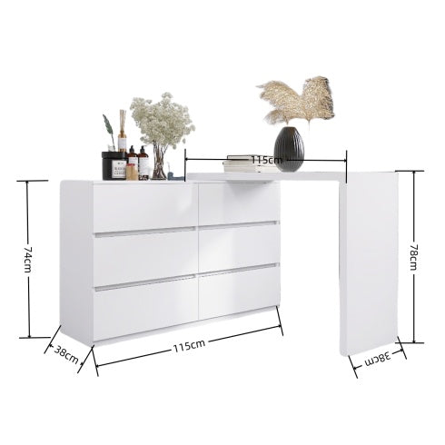 US Local Extended Desktop 6 Drawers Chest Of Drawer Without Handle White Color Vanity