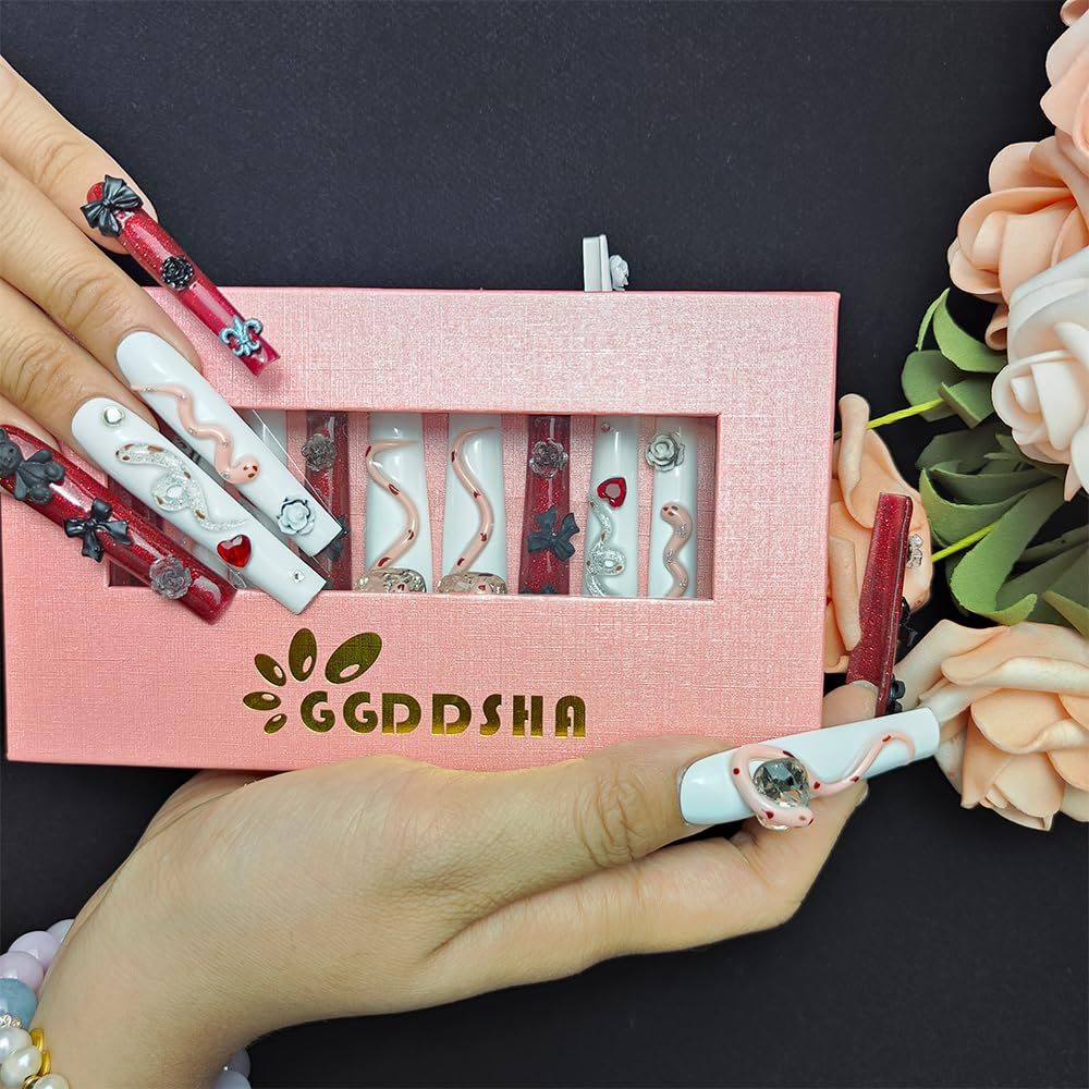 US Local GGddsha Long Handmade PMMA Acrylic Press On Nails WithRhinestone Snake Rose Design, Dark Bear Nails,Reusable Fake Nails W Box, Gift For Women,Scarlet Serpentine