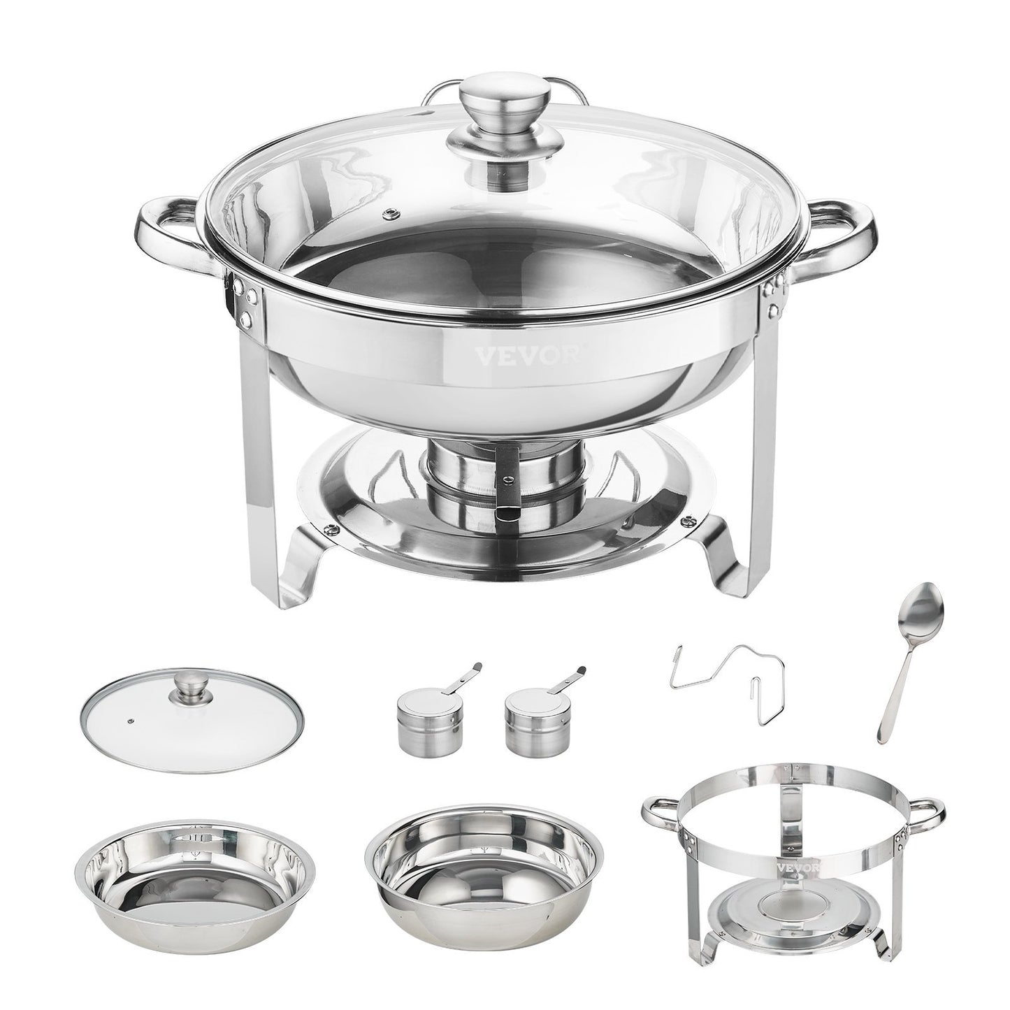 US Local VEVOR 2-Pack Round Chafing Dish Set With Full-Size 4Qt Pan Glass Lid Fuel Holder