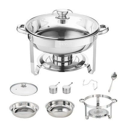 US Local VEVOR 2-Pack Round Chafing Dish Set With Full-Size 4Qt Pan Glass Lid Fuel Holder
