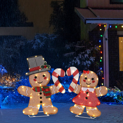US Local Set Of 2 Lighted Gingerbread Man And Candy Cane Christmas Decorations, Pre-lit 2D Holiday Decor With 80 Warm White LED Lights For Xmas Outdoor Indoor Decor Lighted Holiday Displays