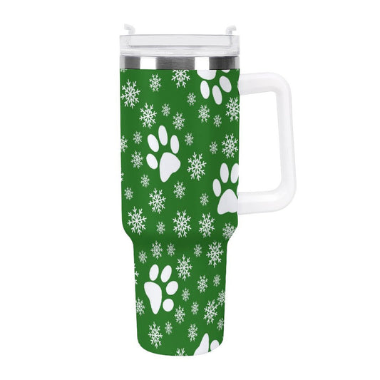 PHDT00312 POD US Local Tumbler 40 oz Large Capacity Car Cup Christmas Snowflakes Cats Dogs Paws Snowflakes Green