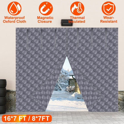 US Local 1 Pc 16x7FT Magnetic Thermal Insulated Garage Door Curtain For Winter Two Car Garage Screen With Magnetic Closure 8 Roll Up Buckle Straps For Two Cars Weatherproof Windproof Soundproof