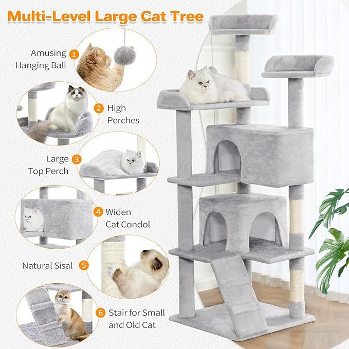 US Local Made4Pets 56-inch Pet Cat Tree For Indoor Cats Multi-Level Cat Tree With 2 Apartments Cat Activity Center With Scratching Posts And Toys Light Gray