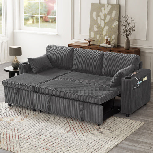 UK Local 3 In 1 Convertible Corduroy Sofa Bed With Storage Chaise, L Shaped Sleeper Sofa Couches With Armrest Storage And Charging Station. Pullout Sectional Daybed For Living RoomBedroomOffice, Grey