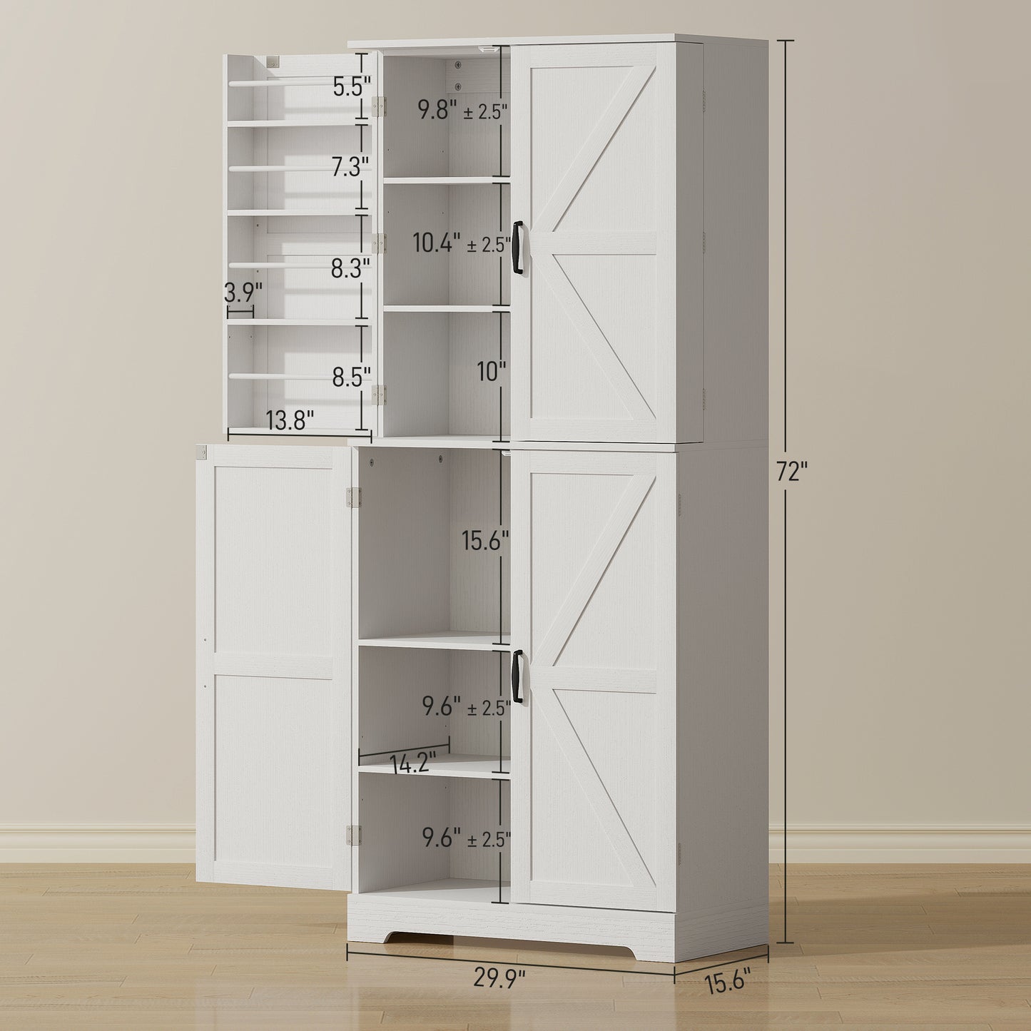 US Local Farmhouse Kitchen Pantry, 72 Tall Pantry Cabinet With 4 Barn Doors, 4 Adjustable Shelves And 8 Door Shelves, White