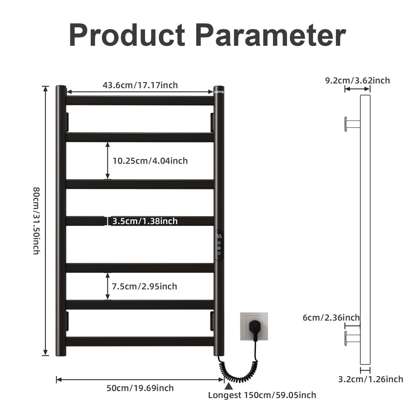 US Local SIOYIE Towel Warmer Bathroom Wall Mounted 6 Bars Electric Towel Drying, 150 W 500 800 MM Heated Towel Rack With Intelligent Touch Screen Timer And Temperature Control Black Right