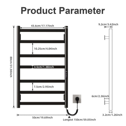US Local SIOYIE Towel Warmer Bathroom Wall Mounted 6 Bars Electric Towel Drying, 150 W 500 800 MM Heated Towel Rack With Intelligent Touch Screen Timer And Temperature Control Black Right