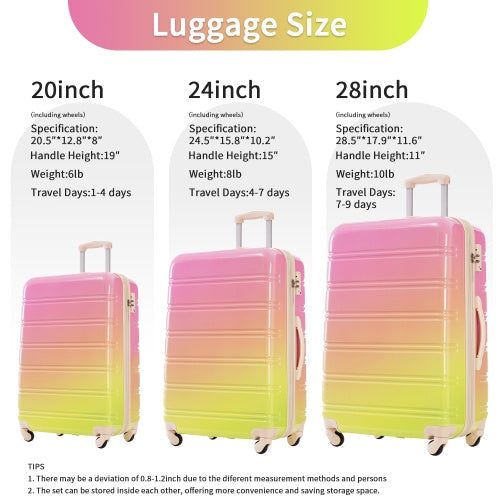 US Local Hardshell Luggage Sets 3 Piece Gradient Color Expandable Suitcase With Spinner Wheels And TSA Lock Lightweight 20 24 28 Available,Pink Green