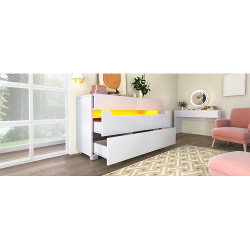 UK Local Sideboard Cabinet Dresser With 6 Drawers,Storage With RGB LED App Control, Sideboard With Cut-out Handles, 6-drawers Chest Of Drawers, 71 X 120 X 40 Cm, White