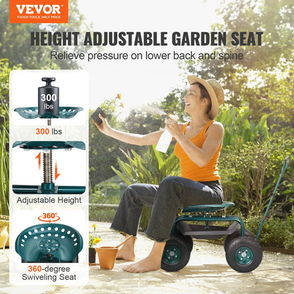 US Local VEVOR Garden Cart Rolling Workseat With Wheels, Gardening Stool For Planting, 360 Degree Swivel Seat, Wagon Scooter With Steering Handle & Utility Tool Tray, Use For Patio, Yard, And Outdoors, Green