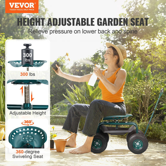 US Local VEVOR Garden Cart Rolling Workseat With Wheels, Gardening Stool For Planting, 360 Degree Swivel Seat, Wagon Scooter With Steering Handle & Utility Tool Tray, Use For Patio, Yard, And Outdoors, Green