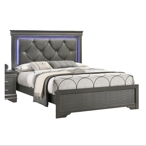 US Local Dark Gray Faux Leather Tufted Headboard 1pc Queen Size Bed W LED Bedroom Furniture Gray Unique Texture FB Solid Wood