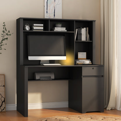 US Local Computer Desk With Hutch & Bookshelf,Wood Executive Desk Teens Student Desk Writing Laptop Home Office Desk With Drawers,3 AC Outlets And 2 USB Charging Ports,Study Laptop Table For Home