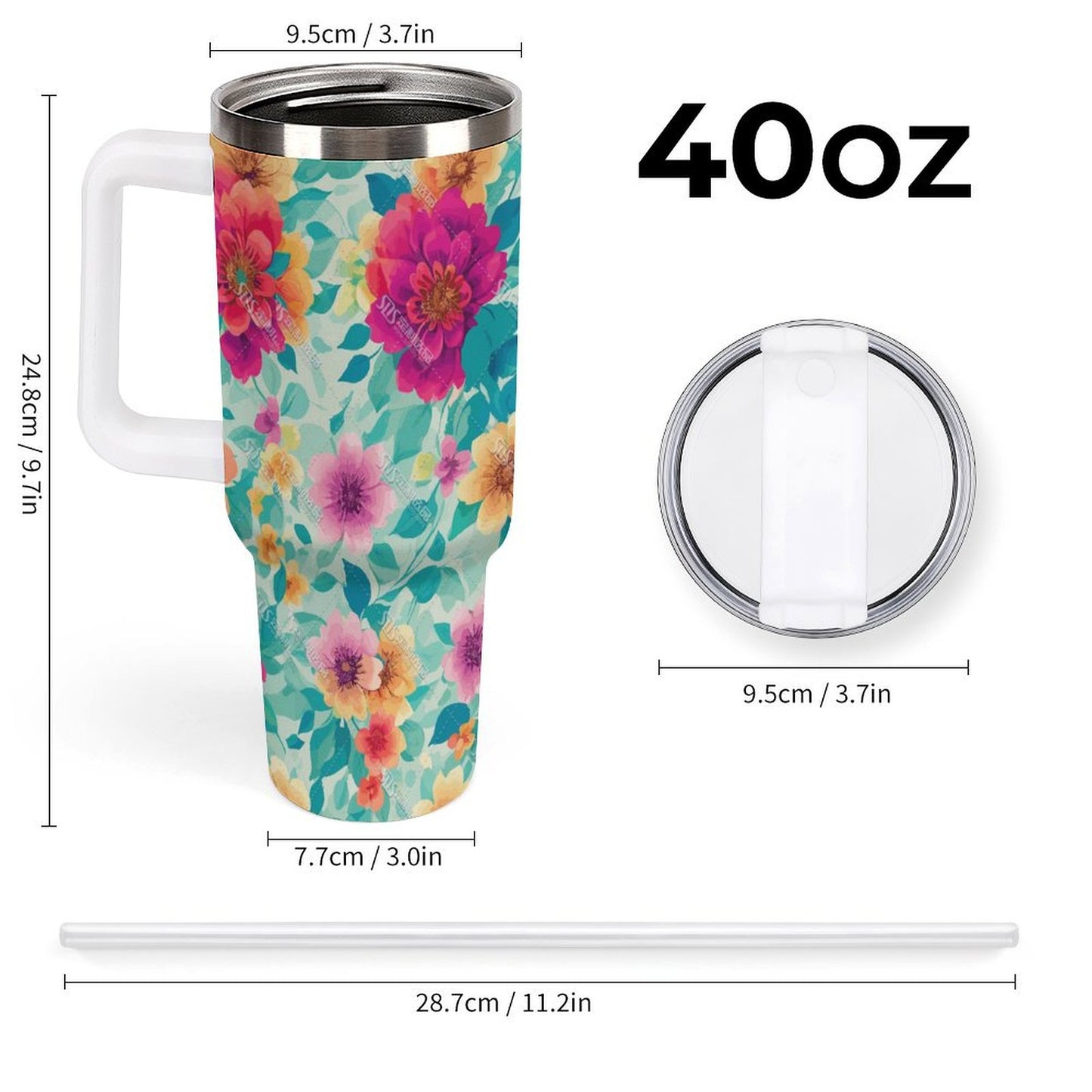 PHDT00440 POD US Local Tumbler 40 oz Large Capacity Car Cup Red Flowers, Green Leaves, Vintage