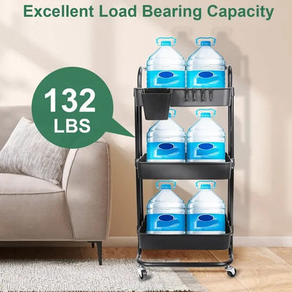 US Local 3 Tier Rolling Utility Cart Movable Storage Organizer With Mesh Baskets Lockable Wheels 360 Degree Rotatable Hanging Box Hooks Bedroom Bathroom Kitchen