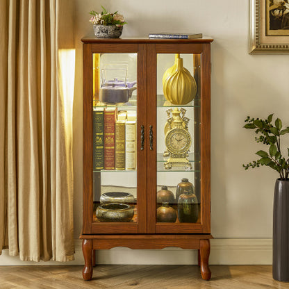 US Local Curio Cabinet Lighted Curio Diapaly Cabinet With Adjustable Shelves And Mirrored Back Panel, Tempered Glass Doors