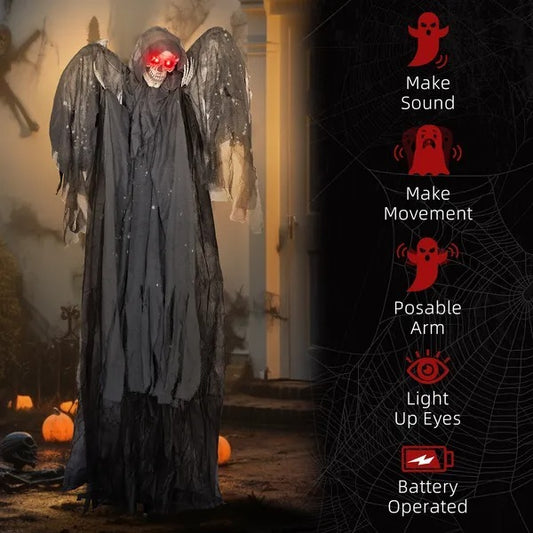 6.4 Life Size Winged Grim Reaper Outdoor Halloween Decoration Animatronic, Animated Prop WLight Up Eyes