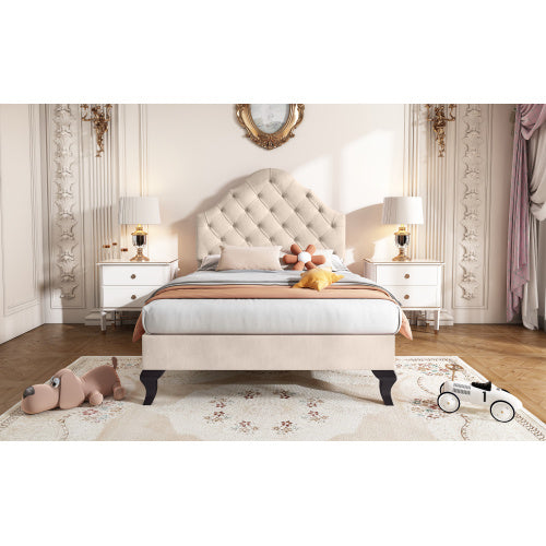 UK Local Upholstered Bed 90x190 With Slatted Frame And Headboard, Upholstered Bed With Height-adjustable Headboard, Youth Bed, Single Bed, Wooden Slat Support, Easy Assembly, Velvet, Beige