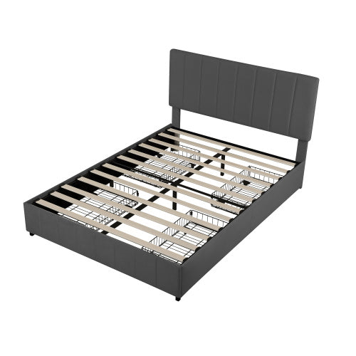 UK Local 4ft6 Double Upholstered Bed With 4 Storage Drawers, Velvet Platform Bed Frame With Adjustable Channel Tufted Headboard, Metal-Wood Support, No Box Spring Needed, Easy Assembly, Grey No Mattress