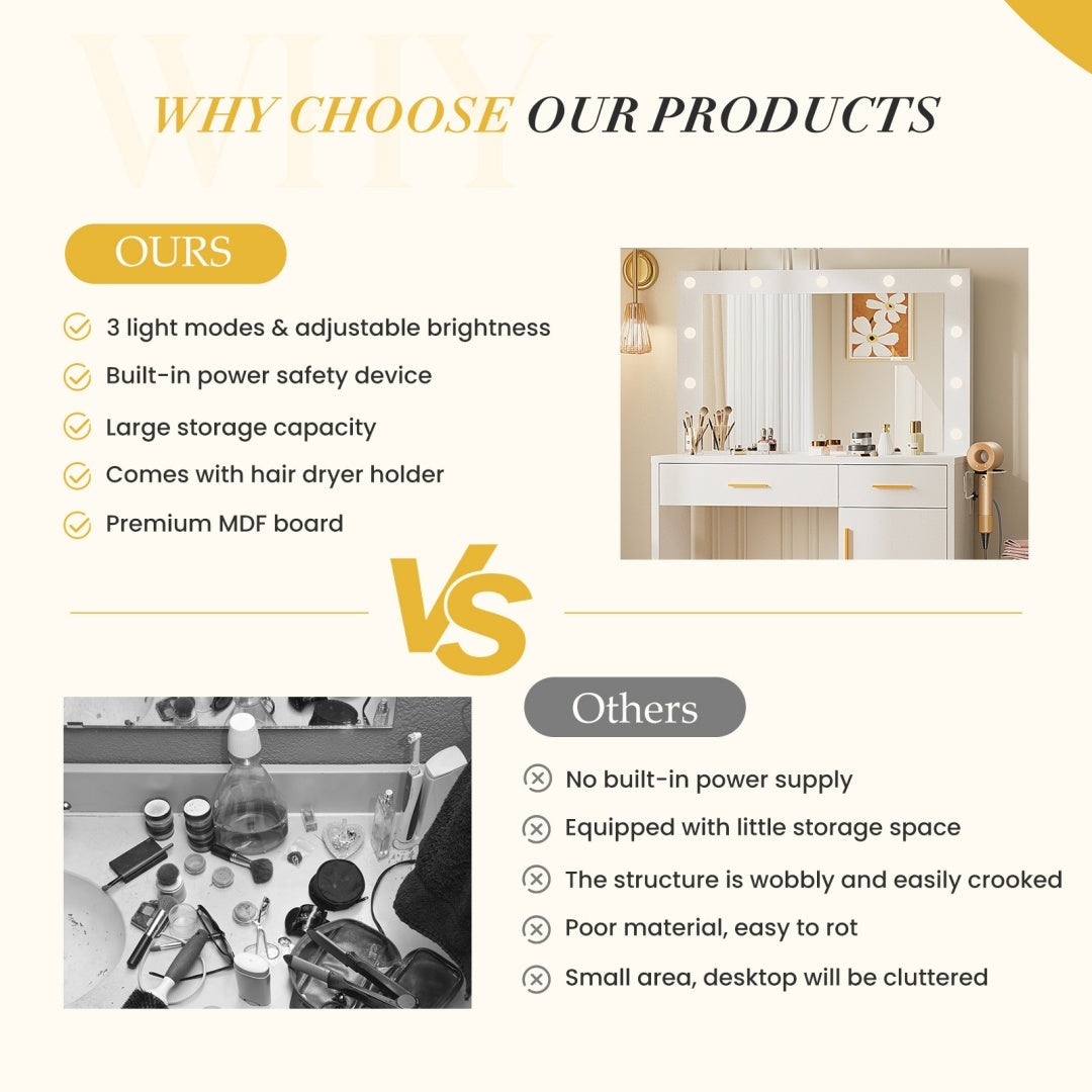 US Local Mirror And Lights, Makeup Vanity Table With Charging Station , 2 Drawers & Large Cabinet, 3 Lighting Color Adjustable, Dressing Table