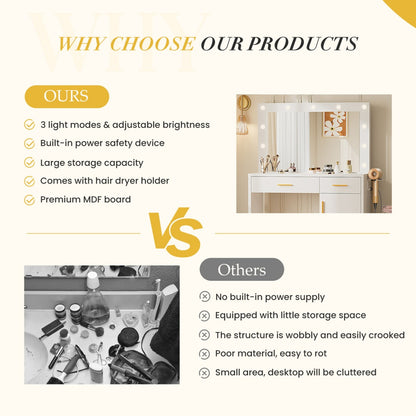 US Local Mirror And Lights, Makeup Vanity Table With Charging Station , 2 Drawers & Large Cabinet, 3 Lighting Color Adjustable, Dressing Table