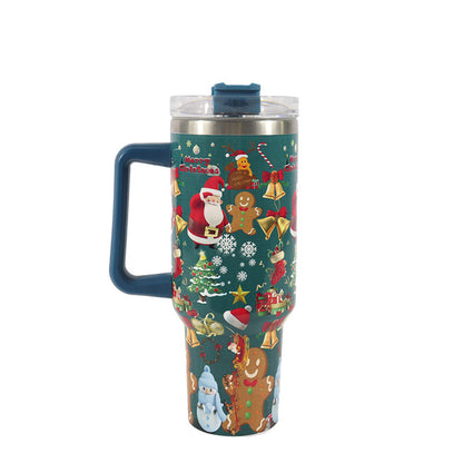 Christmas Pattern Mug With Handle Lid Straw Drinkware Stainless Steel Vacuum Tumbler Large Capacity Car Travel Coffee Cup